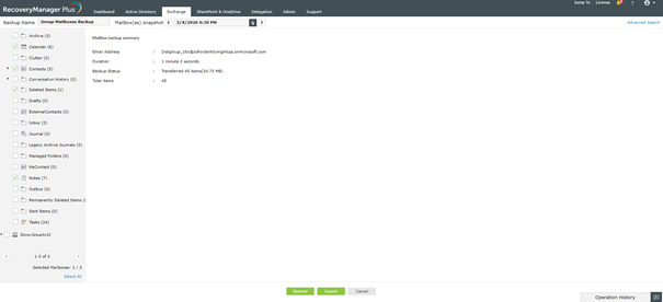 Backup skrzynek pocztowych Exchange w Recovery Manager Plus