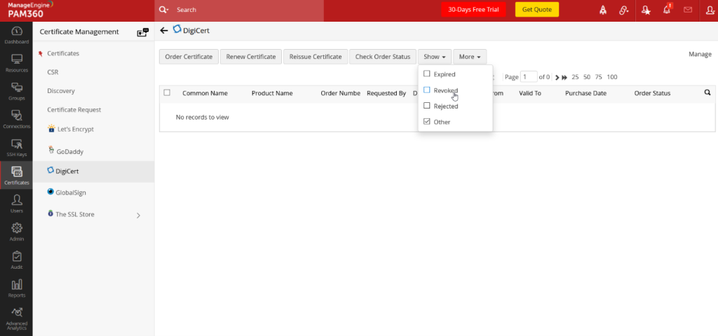 Nowe menu w karcie DigiCert w PAM360