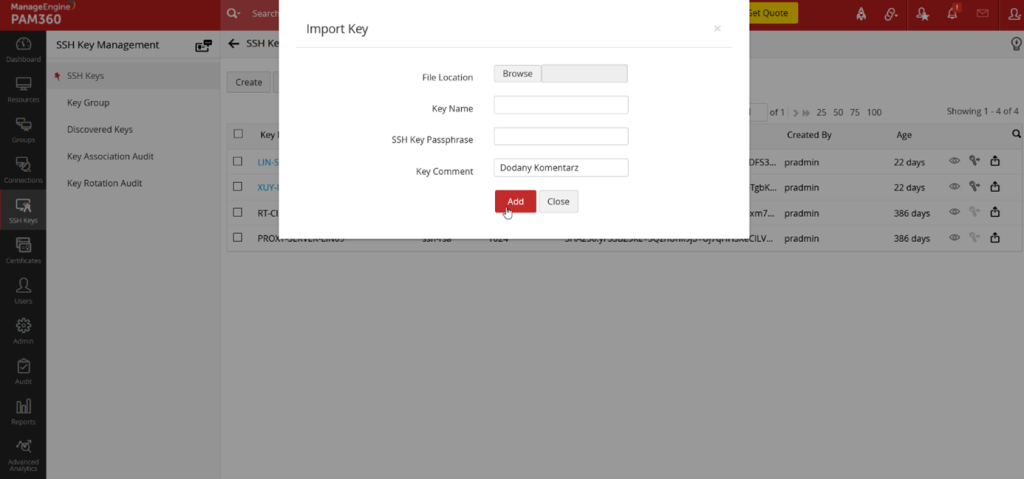 Ustawienia import key w PAM360
