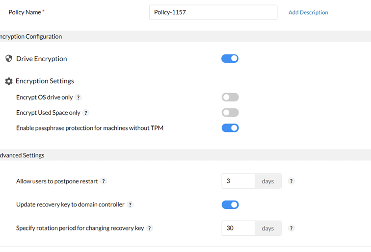 Funkcja BitLocker w Desktop Central pozwala na tworzenie własnych polityk